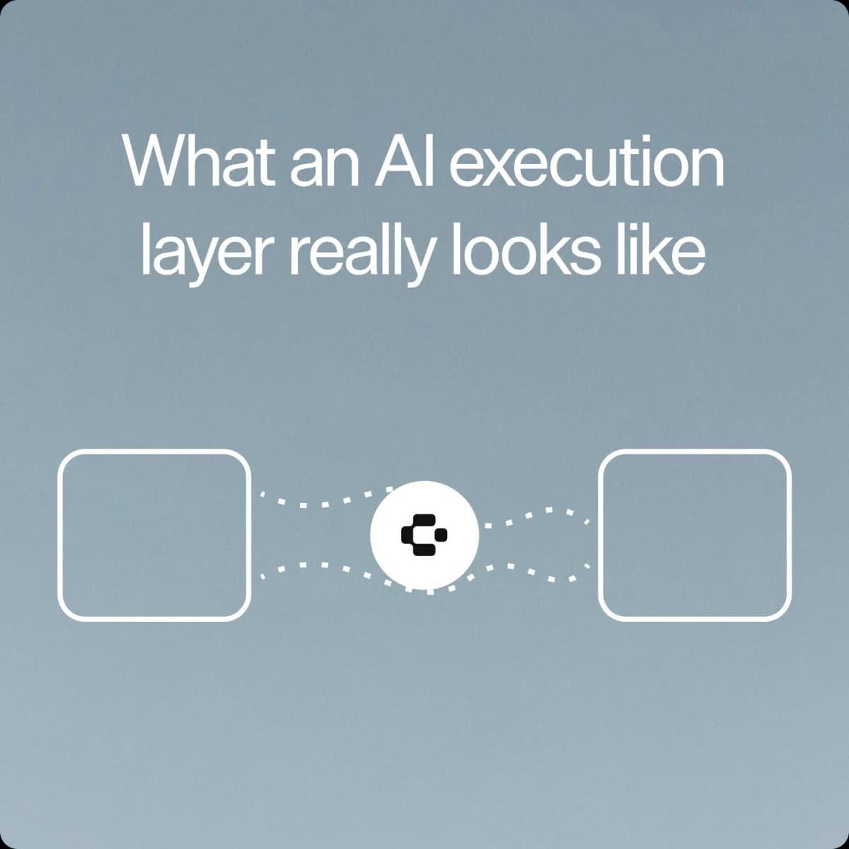 Diagram captioned "What an AI execution layer really looks like": two empty rounded squares joined by dotted lines through a white circle carrying the GeneralMind mark, on a slate background